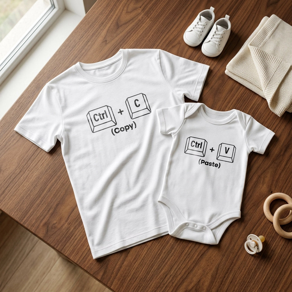 Set Coordinato Papà e Bebè "Ctrl C – Ctrl V" | T-Shirt + Bodino Festa del Papà